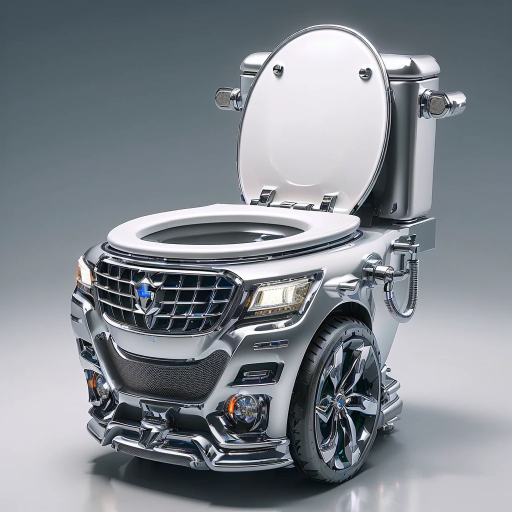 a close up of a toilet with a chrome finish and chrome trim, gaming toilet, gaming chair as a toilet, portable potty, rgb gamer toilet, car design trends, toilet, the toilet is shiny, Futuristic chrome car, car concept, depicted as a 3D rendering, cool look, redneck, Futuristic car shot, gray metal housing, Bernardino May