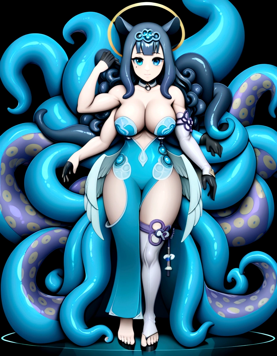 inapriestess, strapless dress, single thighhigh, single detached sleeve, black gloves, low wings, halo, detailed octopus tentacles, mole under eye, extreme muscular body, big breasts, 4 arms, full body.