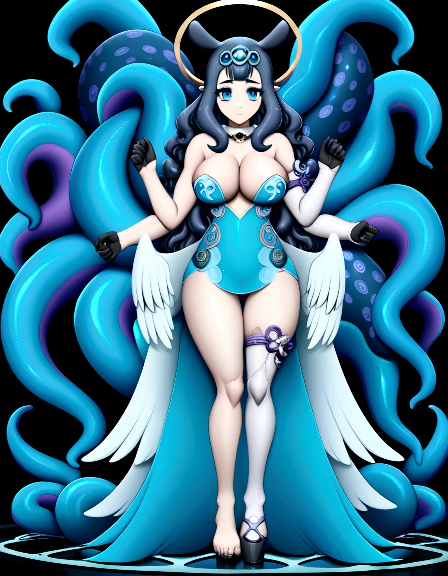 inapriestess, strapless dress, single thighhigh, single detached sleeve, black gloves, low wings, halo, detailed octopus tentacles, mole under eye, extreme muscular body, big breasts, 4 arms, full body.