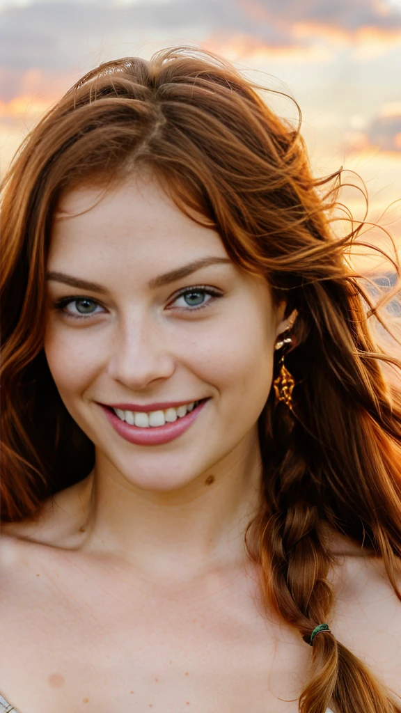 a photograph of a red-haired woman with windblown braids, Her hair tangled like flames against a twilight sky, emanating untamed beauty, green eyes, angel face, smiling, Nice smile, Perfect face, super white skin color, with american features, young girl, silk skin, ultra 8k quality, beautiful