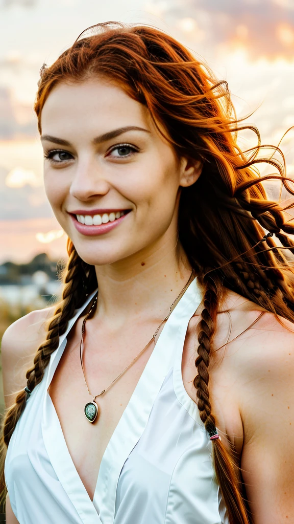 a photograph of a red-haired woman with windblown braids, Her hair tangled like flames against a twilight sky, emanating untamed beauty, green eyes, angel face, smiling, Nice smile, Perfect face, super white skin color, with american features, young girl, silk skin, ultra 8k quality, beautiful