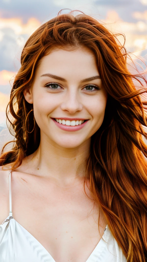 a photograph of a red-haired woman with windblown braids, Her hair tangled like flames against a twilight sky, emanating untamed beauty, green eyes, angel face, smiling, Nice smile, Perfect face, super white skin color, with american features, young girl, silk skin, ultra 8k quality, beautiful 
