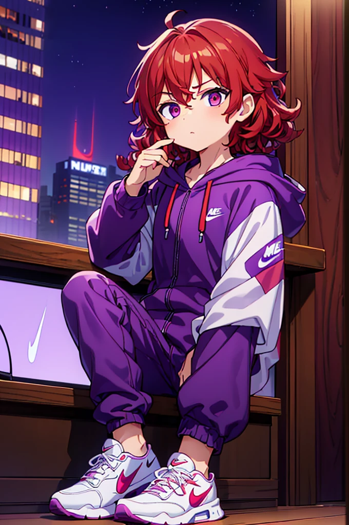 ((whole body)), (( boy ,male gender)), ((curly red hair)), ((masculine face)),((eyeballs )),((purple hooded coat )),((purple pants )),((white nike shoes)) sitting in a bar looking at the sky
