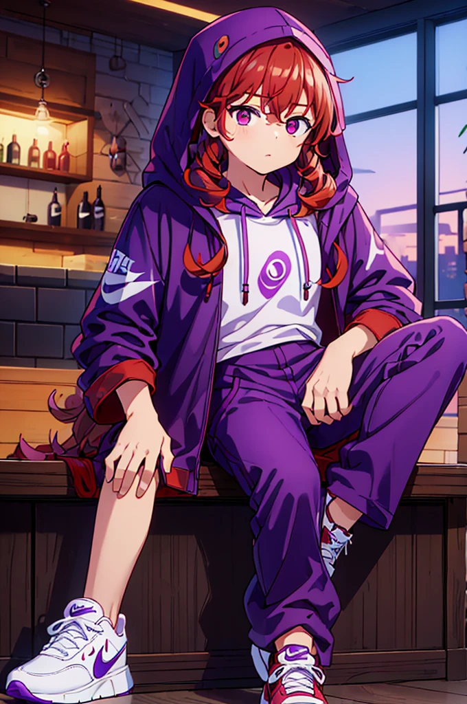 ((whole body)), (( boy ,male gender)), ((curly red hair)), ((masculine face)),((eyeballs )),((purple hooded coat )),((purple pants )),((white nike shoes)) sitting in a bar looking at the sky