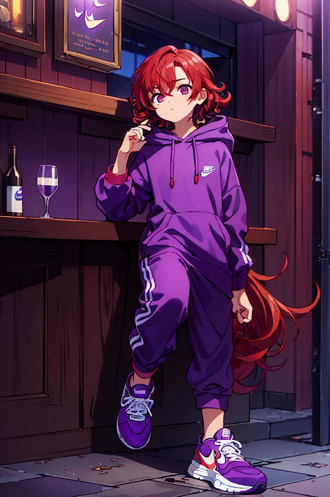 ((whole body)), (( boy ,male gender)), ((curly red hair)), ((masculine face)),((eyeballs )),((purple hooded coat )),((purple pants )),((white nike shoes)) sitting in a bar looking at the sky