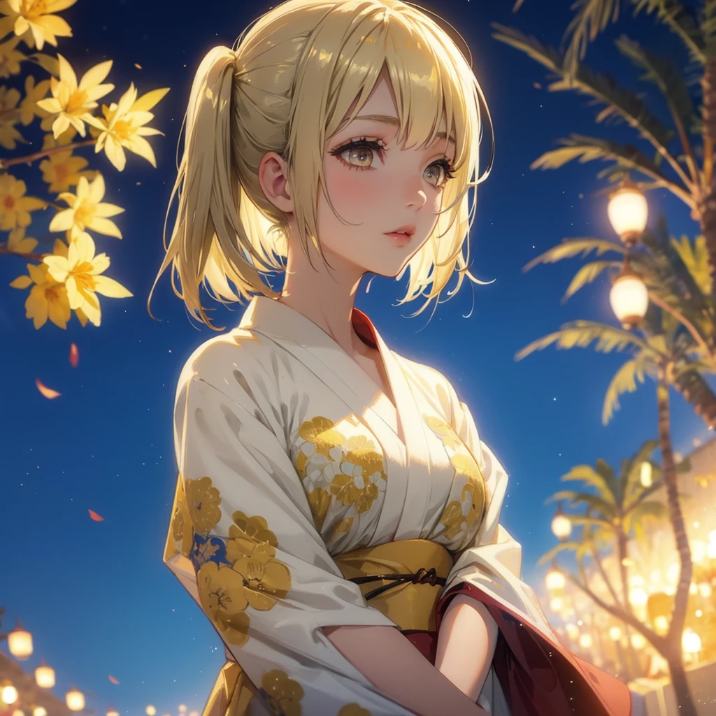 Layla , kimono night in firework , blonde hair, pigtailed haired , yellowish eyes , short hair