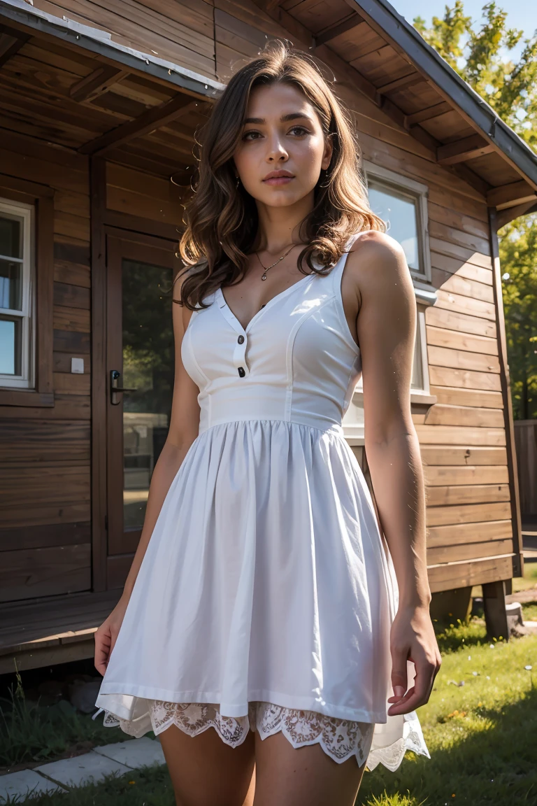 A beautiful woman with light delicately filtering through her hair., Her summer dress is beautiful and she is standing in front of a cabin.