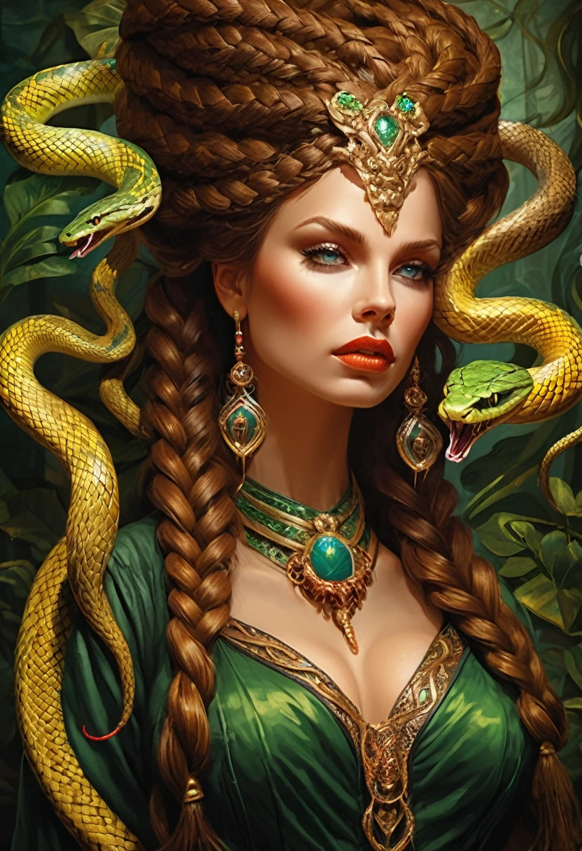 dark fantasy art  (braids thar become living snakes: 1.5) of a beautiful woman, reptilian eyes, pale skin, having twin snake braids, ((only two braids made from living snakes: 1.3)) each braid a snake coming out the woman's head, living snake, hissing snake,  on the woman's  head, she wears intricate leather dress, dynamic color dress,  thigh high heeled boots, modern bar background,  dynamic range, vibrant, Ultra-high resolution, High Contrast, (masterpiece:1.5), highest quality, Best aesthetics), best details, best quality, highres, ultra wide angle, 16k, [ultra detailed], masterpiece, best quality, (extremely detailed), snake hair, sn4k3h41r, snake hair