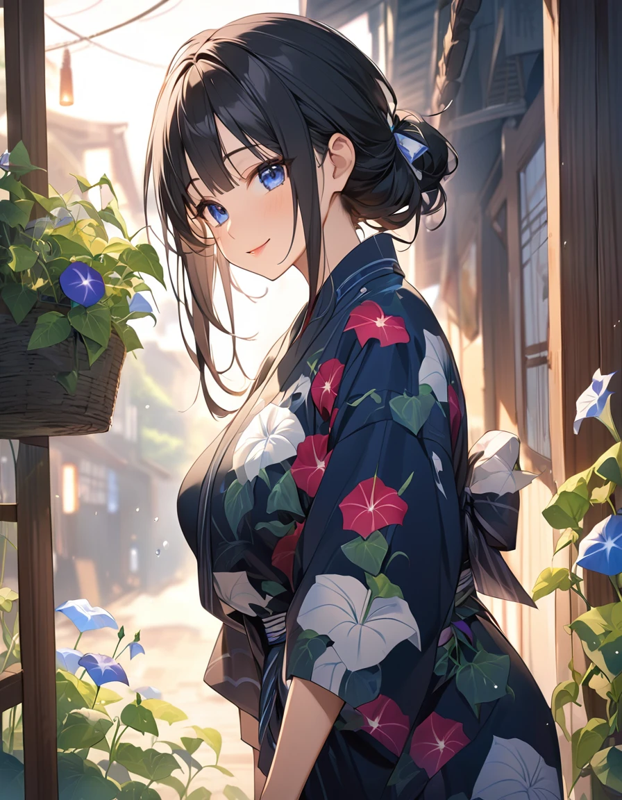 (Highest qualityのイラスト:1.2), (Black Hairの美少女:1.1), (1 girl、、Highest qualityのイラスト:1.2), (1 girl、Kind eyes、blue eyes:1.2)、((Black Hair:1.2))、Semi-long hair、(Highest quality、Very detailed、cute、Ultra-high resolution) 、Larger breasts、Yukata、smile、Old street corner in Japan、morning、morning glory