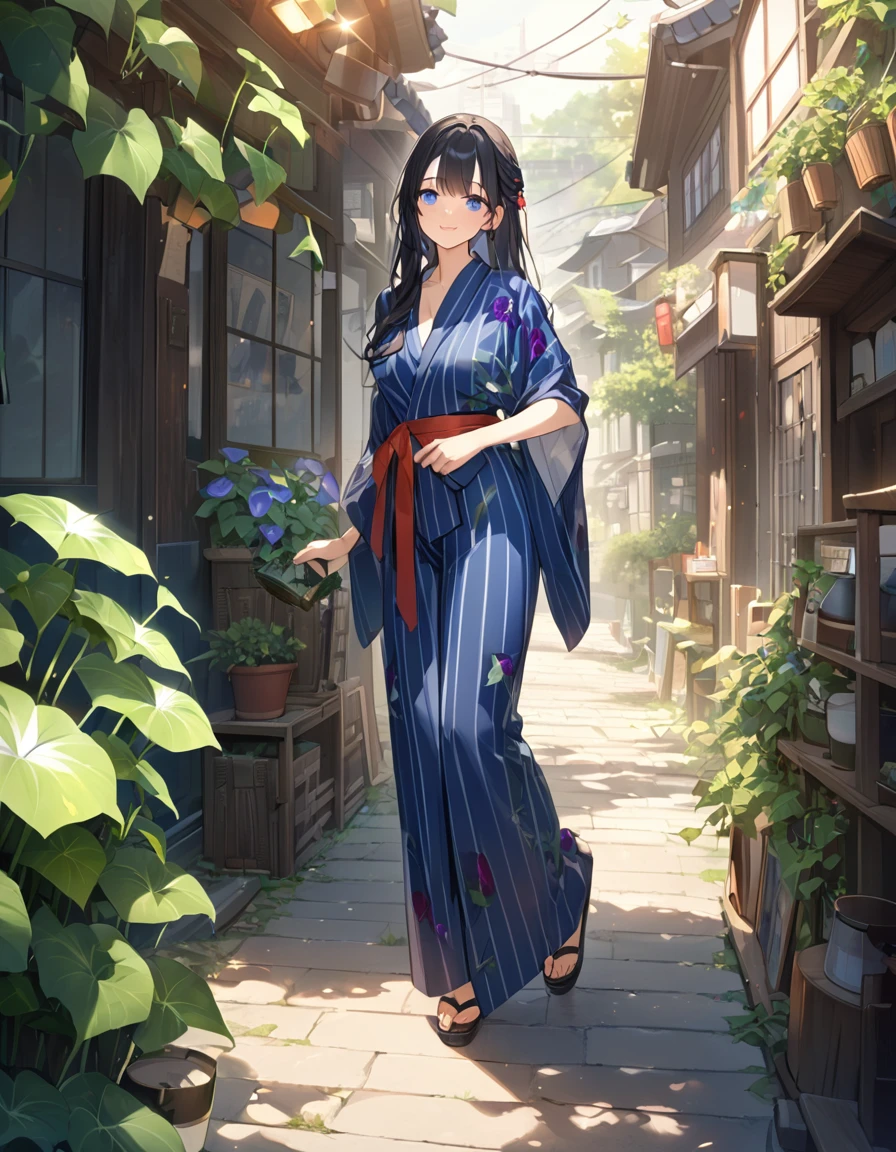(Highest qualityのイラスト:1.2), (Black Hairの美少女:1.1), (1 girl、17 years old、Highest qualityのイラスト:1.2), (1 girl、Kind eyes、blue eyes:1.2)、((Black Hair:1.2))、Semi-long hair、(Highest quality、Very detailed、cute、Ultra-high resolution) 、Larger breasts、Yukata、smile、Old street corner in Japan、morning、morning glory