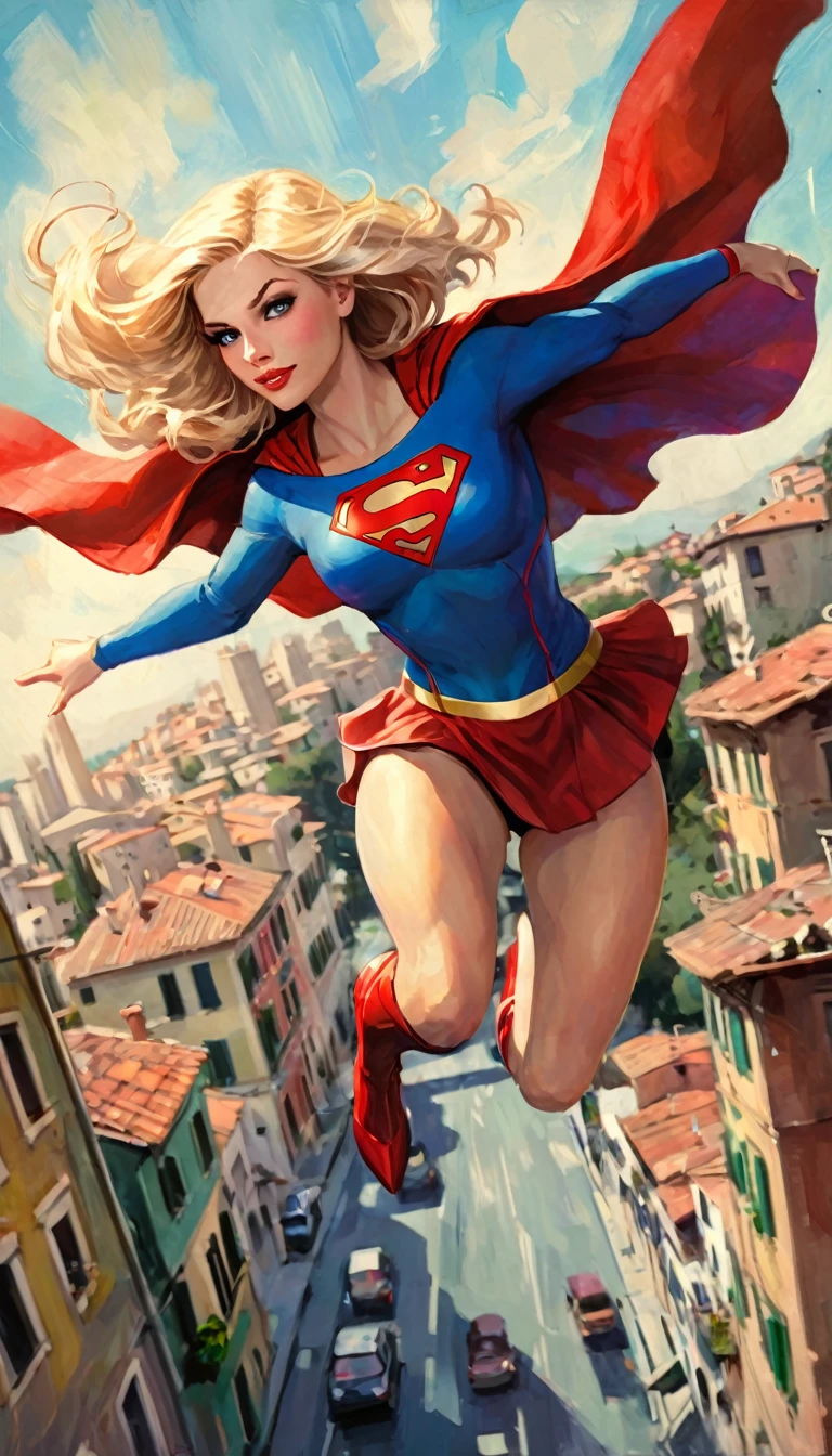 chopped shot, supergirl character, flying over a cute Italian city (art inspired by Bill Sienkiewicz). oil painting)