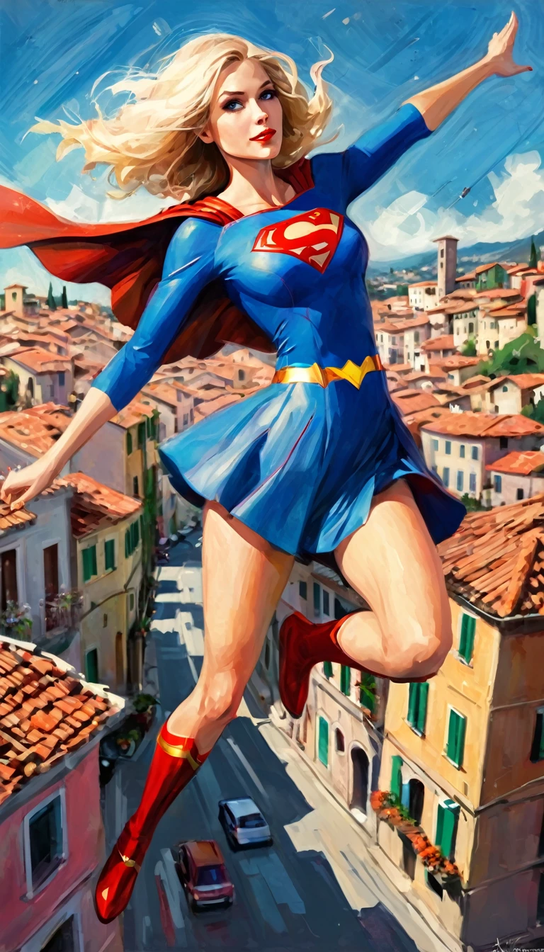 chopped shot, supergirl character, flying over a cute Italian city (art inspired by Bill Sienkiewicz). oil painting)