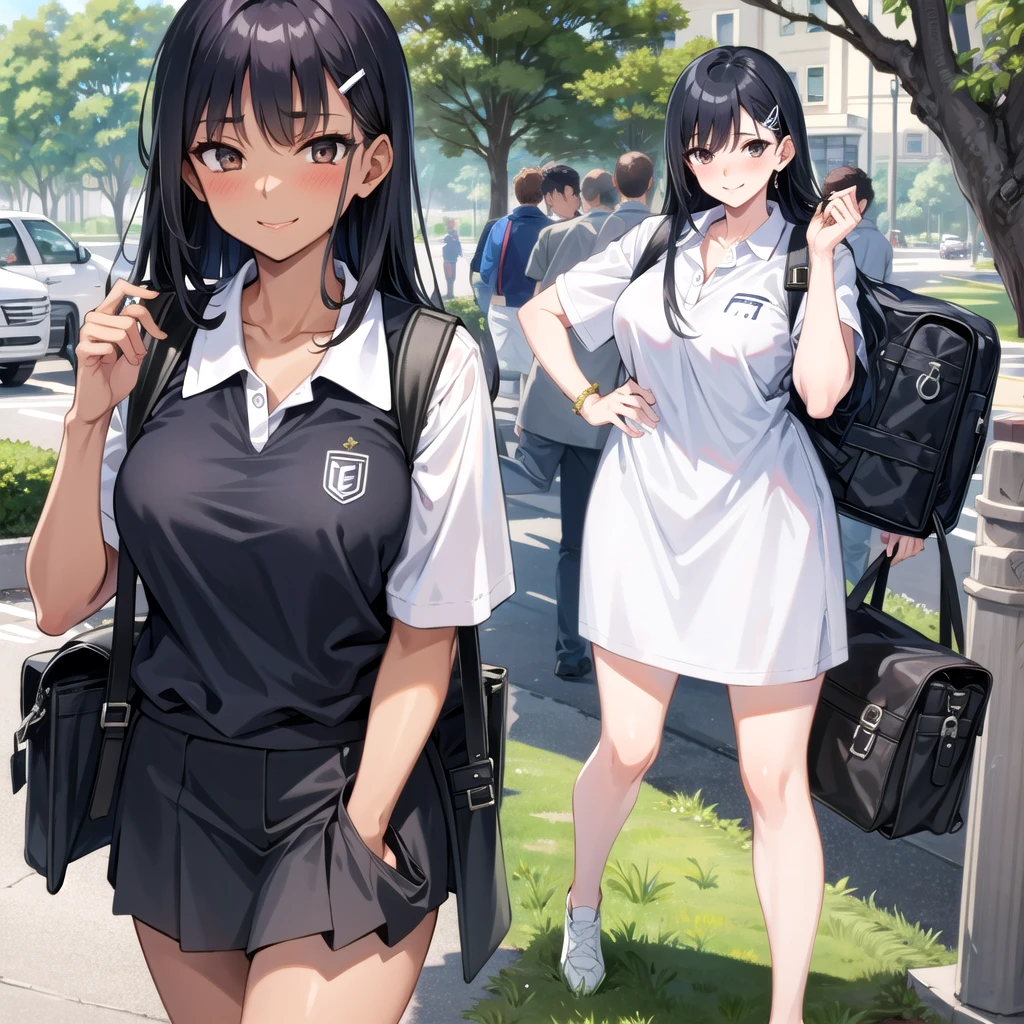 ((best quality)), ((masterpiece)), (details), one girl, sexy ((best quality)), ((masterpiece)), (details), one girl, sexy ((best quality)), ((masterpiece)), (details), one girl, full body, sexy expensive body, expensive, long legs, mature woman, mature, adult, it_nagatoro_main, Nagatoro Hayase, one girl, blushing, alone, uniform polo shirt, black hair, bag, brown eyes, hair accessory, looking at viewer, hair clip, outdoors, backpack, smiling, long hair, dark skinned woman, dark skin, , bangs, daytime, skirt, collared shirt, collarbone, ear clip, mouth closed, tree, asymmetrical bangs, upper body