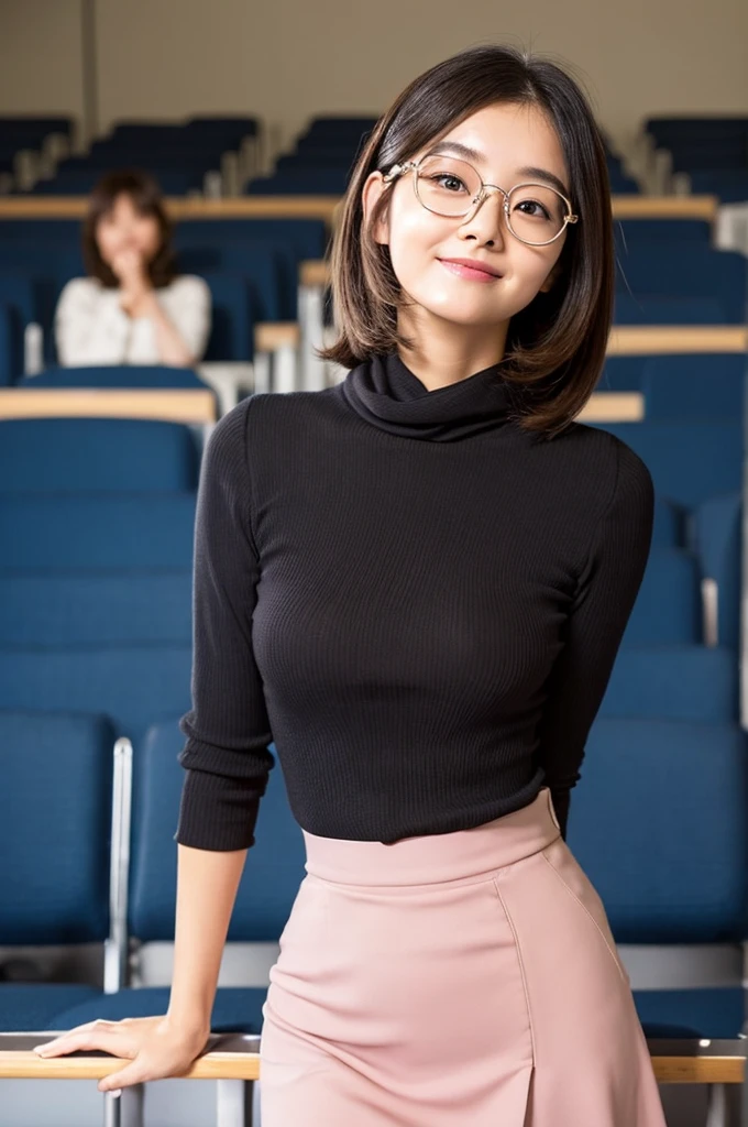 University lecture hall, university psychology associate professor, ((full body)), ((photo)), ((best qualtiy, 8K, tmasterpiece:1.3)), Focus:1.2, perfect figure beautiful woman:1.4, 1woman, cowboy shot, look at viewer, eyes facing the camera, incredibly absurd, beautiful and cute woman with a photorealistic face, showcasing top-quality craftsmanship, A Japanese woman giving a lecture at a university lecture hall, 27 years old, with a bob cut and flipped hair, short bangs swept at an angle, smooth and shiny hair, natural hairline, fair and smooth skin, plump and healthy cheeks, large, jet black eyes, round eyes, long and upward-facing eyelashes, double eyelids, thin and straight eyebrows, small and round nose, plump lips, upturned corners of the mouth, charming smile, cute face, glamorous, well-balanced proportions, tall, beautiful D-cup breasts, silver-rimmed glasses, pink blouse, black tight skirt, fashion with a waist-marked silhouette, scarf, heeled shoes, vanilla perfume, beautiful, pretty older woman, glasses suit her, knowledgeable, playful, curious, intelligent, elegant, November