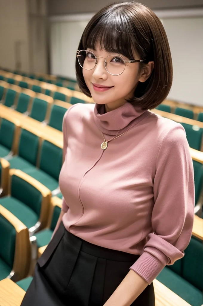 University lecture hall, university psychology associate professor, ((full body)), ((photo)), ((best qualtiy, 8K, tmasterpiece:1.3)), Focus:1.2, perfect figure beautiful woman:1.4, 1woman, cowboy shot, look at viewer, eyes facing the camera, incredibly absurd, beautiful and cute woman with a photorealistic face, showcasing top-quality craftsmanship, A Japanese woman giving a lecture at a university lecture hall, 27 years old, with a bob cut and flipped hair, short bangs swept at an angle, smooth and shiny hair, natural hairline, fair and smooth skin, plump and healthy cheeks, large, jet black eyes, round eyes, long and upward-facing eyelashes, double eyelids, thin and straight eyebrows, small and round nose, plump lips, upturned corners of the mouth, charming smile, cute face, glamorous, well-balanced proportions, tall, beautiful D-cup breasts, silver-rimmed glasses, pink blouse, black tight skirt, fashion with a waist-marked silhouette, scarf, heeled shoes, vanilla perfume, beautiful, pretty older woman, glasses suit her, knowledgeable, playful, curious, intelligent, elegant, November