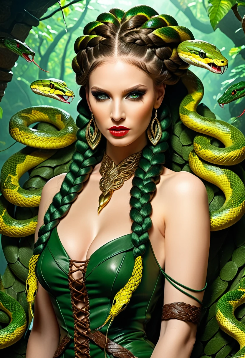 dark fantasy art (braids thar become living snakes: 1.5) of a beautiful woman, reptilian eyes, pale skin, having twin snake braids, ((only two braids made from living snakes: 1.3)) each braid a snake coming out the woman's head, living snake, hissing snake, on the woman's head, she wears intricate leather dress, dynamic color dress, thigh high heeled boots, modern bar background, dynamic range, vibrant, Ultra-high resolution, High Contrast, (masterpiece:1.5), highest quality, Best aesthetics), best details, best quality, highres, ultra wide angle, 16k, [ultra detailed], masterpiece, best quality, (extremely detailed), snake hair, sn4k3h41r, snake hair