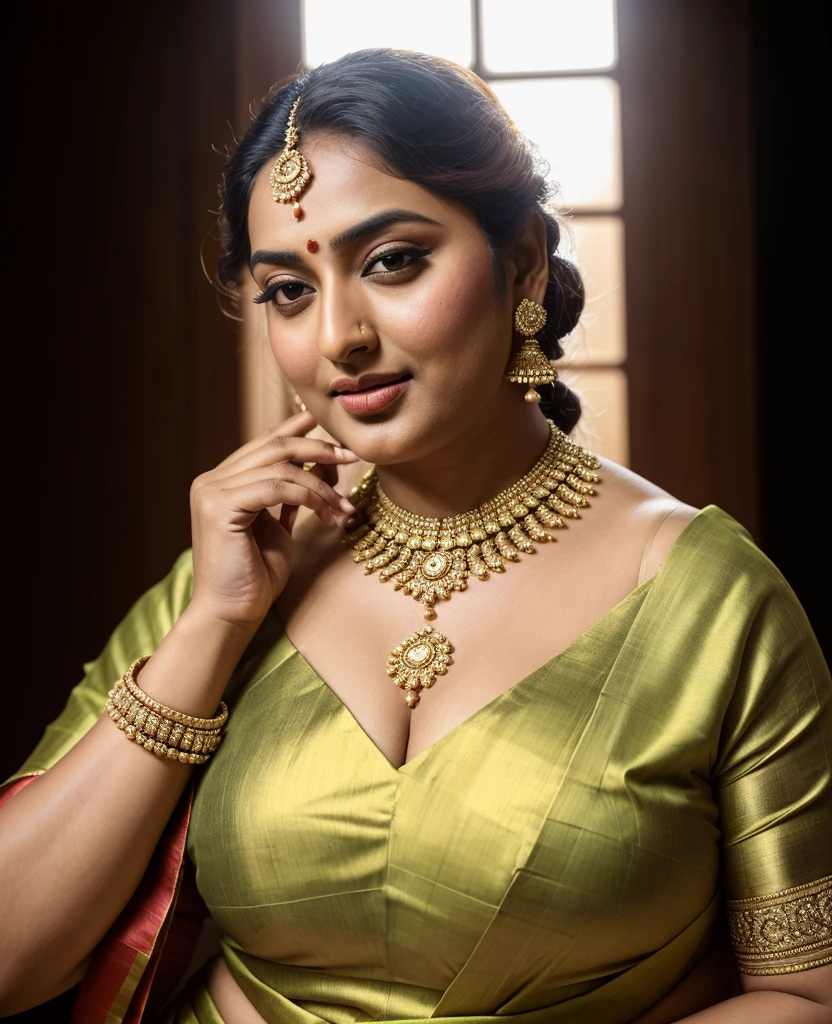 Foto RAW, photorealistic, photography, full body shot, master shot, perfect eyes, goddess like beauty, pierced eyes, perfect thick chubby mallu Desi aunty bhabhi, Wearing a Stanapatta, a chest-band.Saree model, model Photography, Indian saree shoot, Indian traditional wear advertising photography, traditional wear brand shoot, face of Indian actress Sonakshi Sinha, masterpiece, realistic, realism, incredible details, pleasure, photorealism, detailed skin, skin pores, high contrast, photorealistic Artstation 8k HD digital art trend of high definition and detailed realistic skin texture, ultra detail, realistic skin texture, armature, best quality, ultra high definition, (photorealistic:1.4),, high resolution, detail, raw photo, sweat, Re sharp, by Lee Jefferies Nikon D850 Film Stock Photo 4 Kodak Portra 400 Camera F1.6 Lens Rich Color Ultra Real Realistic Realistic Textures Dramatic Lighting Unreal Engine Trending at Art Station Cinestill 800,(pele altamente detalhada: 1.2), 8k UHD, DSLR, soft-lighting, alta qualidade, grain of film, Fujifilm XT3,she didn't like to wear blouse or bra, she is happy to wear only saree, she hates blouse or bra, detailed hairy armpits, hyper realistic skin, skin pores, sweat, veins,