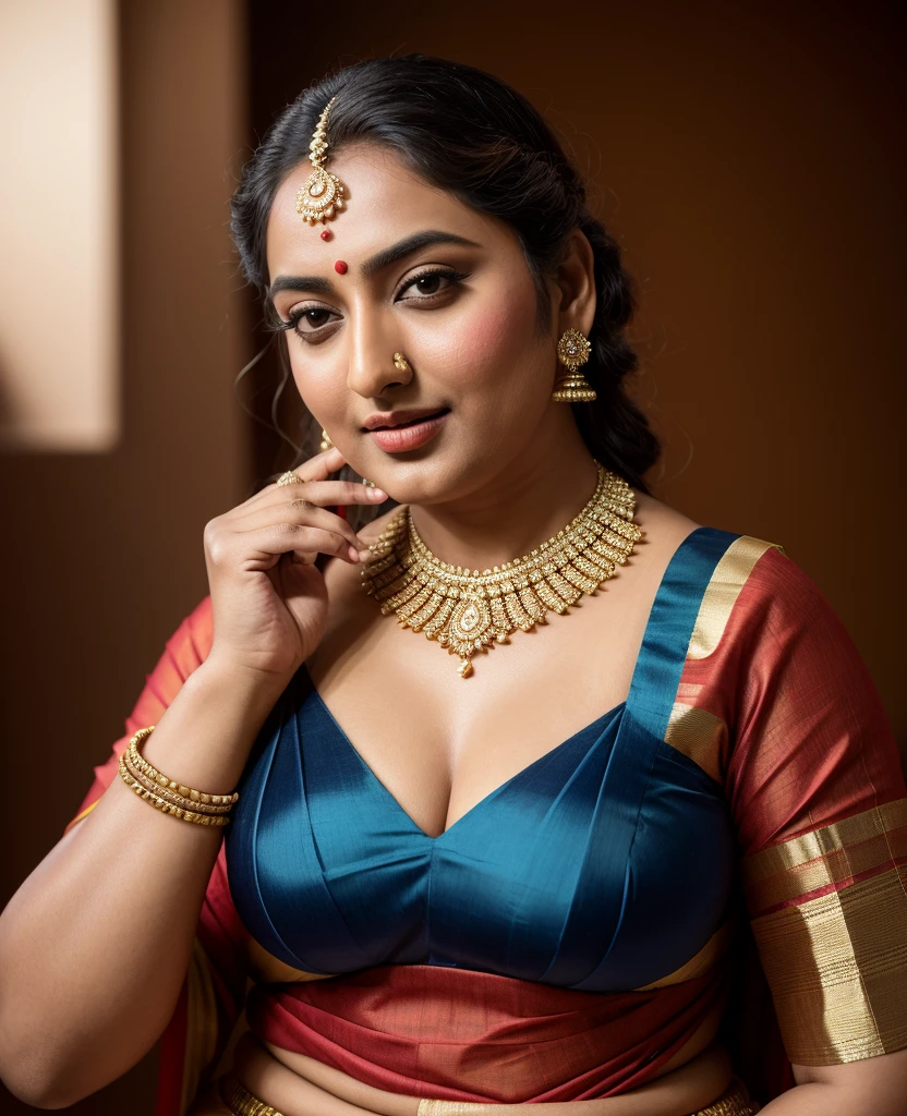 Foto RAW, photorealistic, photography, full body shot, master shot, perfect eyes, goddess like beauty, pierced eyes, perfect thick chubby mallu Desi aunty bhabhi, Wearing a Stanapatta, a chest-band.Saree model, model Photography, Indian saree shoot, Indian traditional wear advertising photography, traditional wear brand shoot, face of Indian actress Sonakshi Sinha, masterpiece, realistic, realism, incredible details, pleasure, photorealism, detailed skin, skin pores, high contrast, photorealistic Artstation 8k HD digital art trend of high definition and detailed realistic skin texture, ultra detail, realistic skin texture, armature, best quality, ultra high definition, (photorealistic:1.4),, high resolution, detail, raw photo, sweat, Re sharp, by Lee Jefferies Nikon D850 Film Stock Photo 4 Kodak Portra 400 Camera F1.6 Lens Rich Color Ultra Real Realistic Realistic Textures Dramatic Lighting Unreal Engine Trending at Art Station Cinestill 800,(pele altamente detalhada: 1.2), 8k UHD, DSLR, soft-lighting, alta qualidade, grain of film, Fujifilm XT3,she didn't like to wear blouse or bra, she is happy to wear only saree, she hates blouse or bra, detailed hairy armpits, hyper realistic skin, skin pores, sweat, veins,