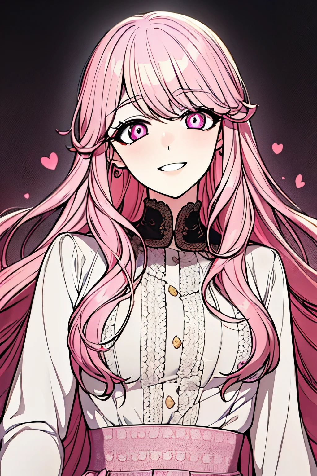 masterpiece, best quality, very aesthetic, absurdres, newest, intricate, pink hair, heart-shaped pupils, detailed eyes, yandere, mind break, hand on own face, full body, pink hair, glowing eyes, small eyes, cute & girly (idolmaster), (idolmaster),cute clothes, pink clothers, yandere, cartoon woman, 1girl, solo, looking at viewer, simple background, creepy eyes, woman, adult, false smile, evil smile, ,(CHARACTERSHEET:1) (MULTIPLE VIEWS FULL BODY UPPER BODY REFERENCE SHEET:1),manhwa style, fake smile, CRAZY SMILE, BLOODY CLOTHERS