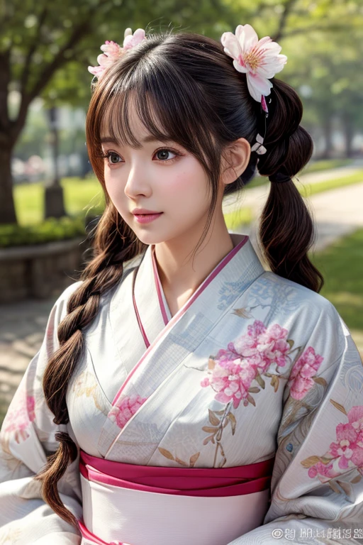 ((Highest quality、masterpiece、8K))、Anatomically correct、Very detailed、High resolution、Realistic、Beautiful white skin、Beautiful, bright, almond-shaped, detailed eyes、Well-formed nose bridge、Intricate details、Sakura pattern kimono、、Twin tails