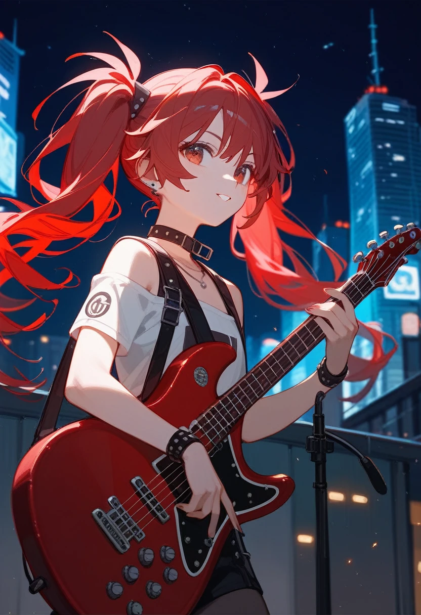whole body、snapshot、Distance photo、Kasane Teto、Red Hair、curled twin tails、16 years old、girl、Electric guitar、night、night景、cyber punk、Buildings、helicopter、Strong contrast