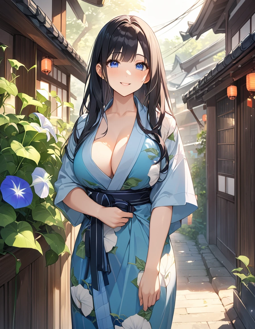 (Highest qualityのイラスト:1.2), (Black Hairの美少女:1.1), (1 girl、、Highest qualityのイラスト:1.2), (1 girl、Kind eyes、blue eyes:1.2)、((Black Hair:1.2))、Semi-long hair、(Highest quality、Very detailed、cute、Ultra-high resolution) 、Larger breasts、Yukata、smile、Old street corner in Japan、morning、morning glory