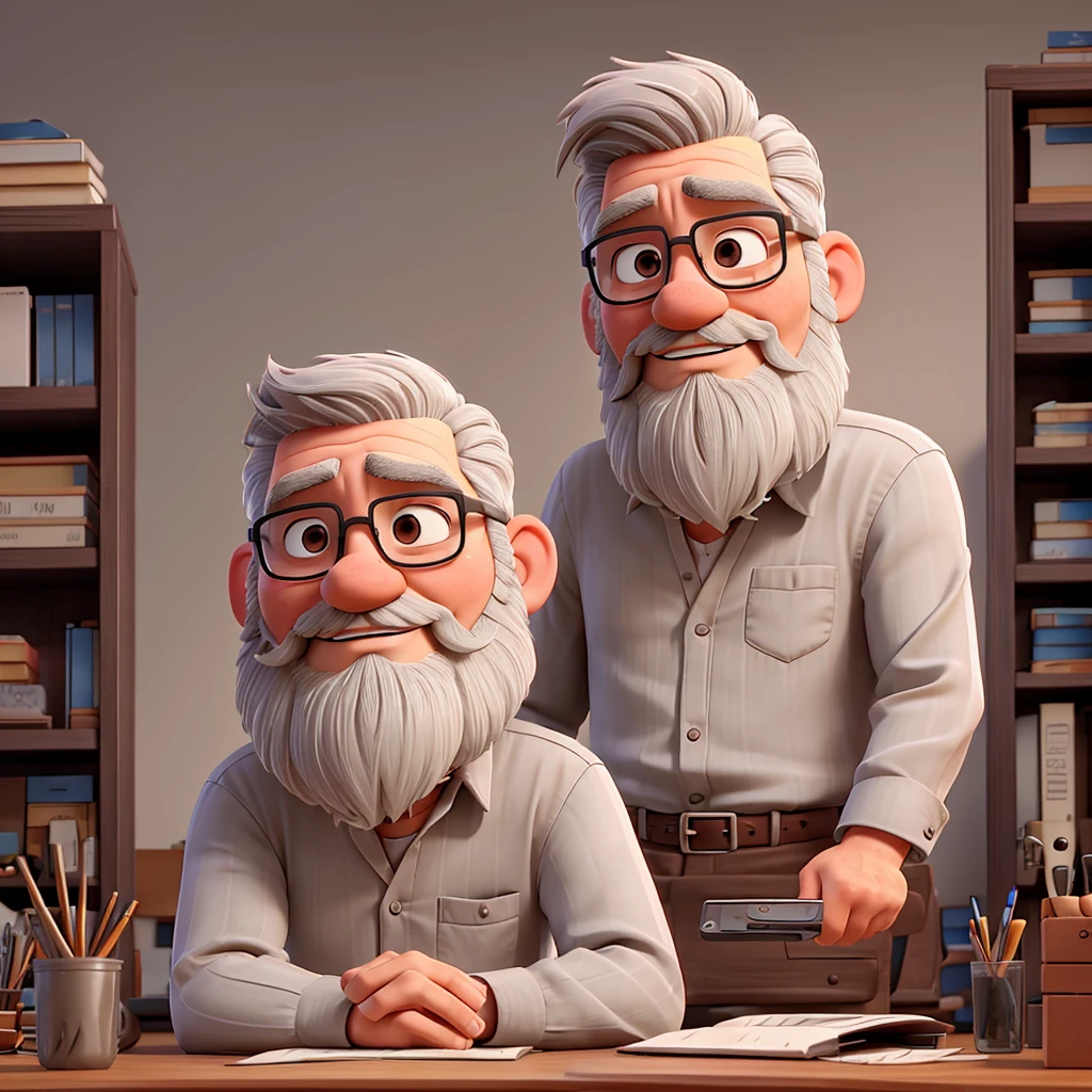 a man, gray hair, short beard, sitting at an office desk