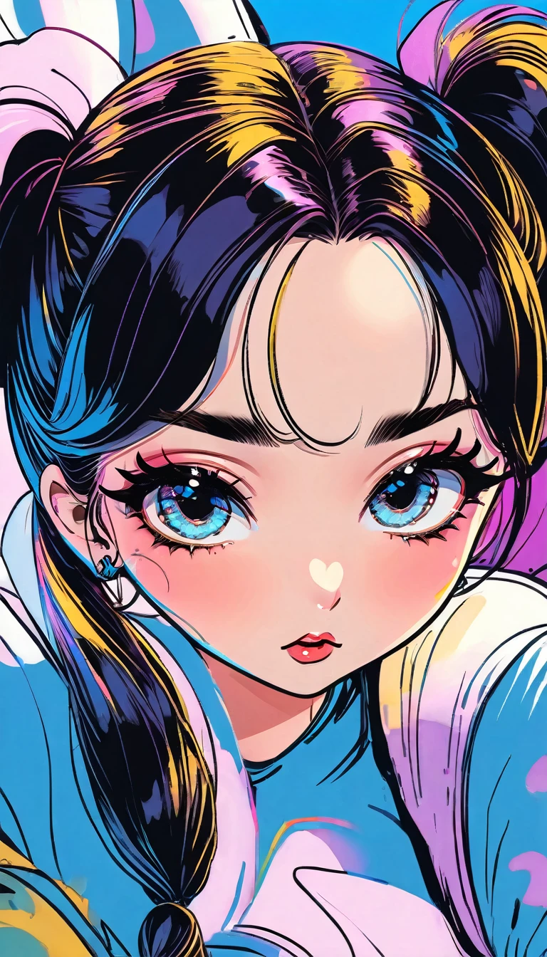 A cute girl with twin tails, vintage comic book style, messy pen strokes, charming expression, beautiful detailed eyes, beautiful detailed lips, extremely detailed face, long eyelashes, intricate detailed linework, dynamic poses, bright vibrant colors, warm nostalgic palette, dramatic lighting, cinematic composition, masterpiece, best quality, 8k, highres, ultra-detailed, photorealistic