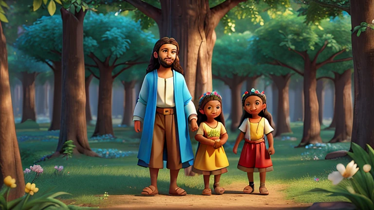 Imagine Hadassa dreaming in an enchanted forest, where Jesus walks serenely among tall trees. He holds two different flowers in his hands, one red and one blue, and smiles at Hadassa with a warm and loving look. Curious animals watch closely, with friendly expressions.