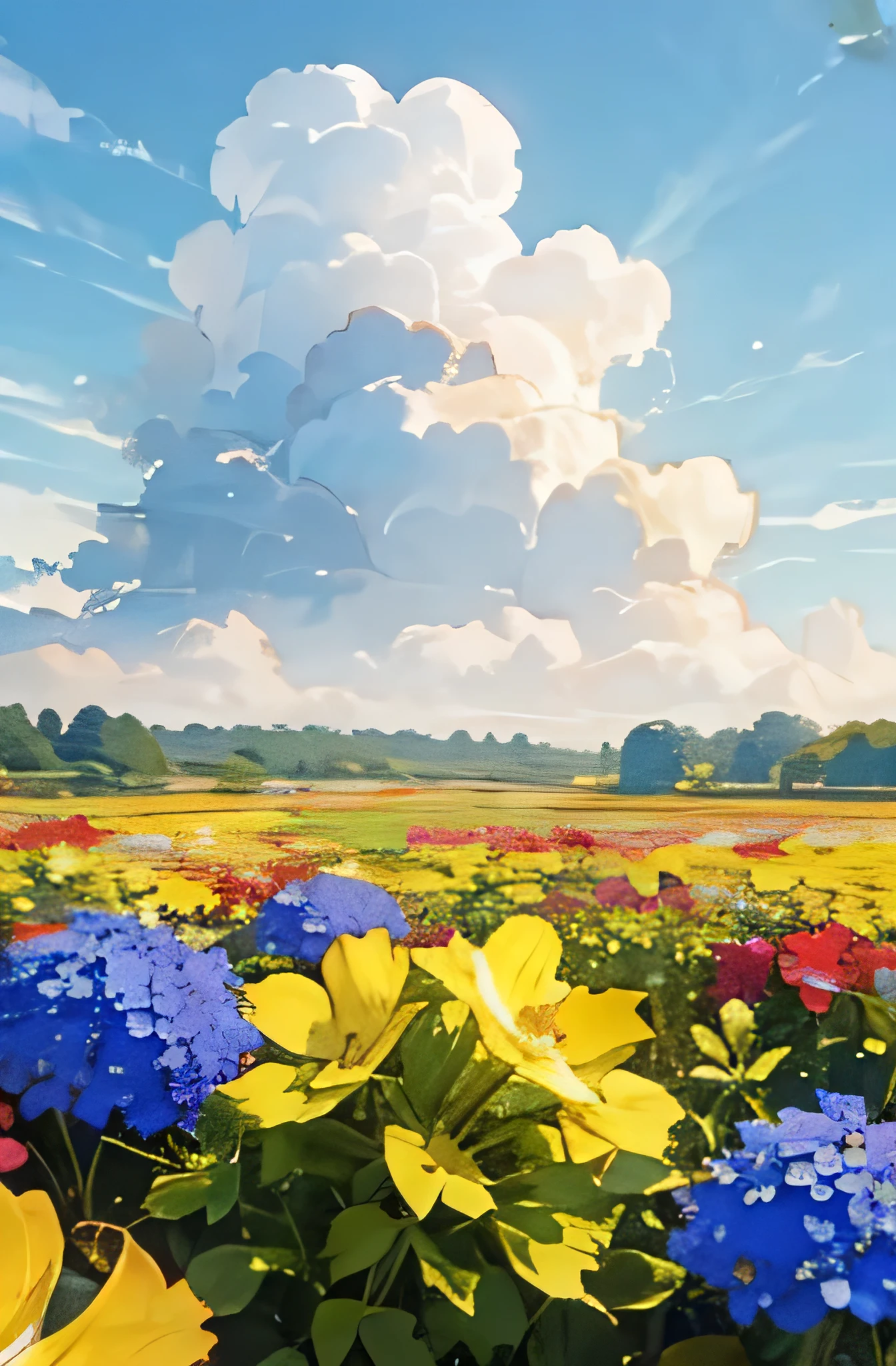 flowers field, blue sky, cloud, high detailed, beautiful scene