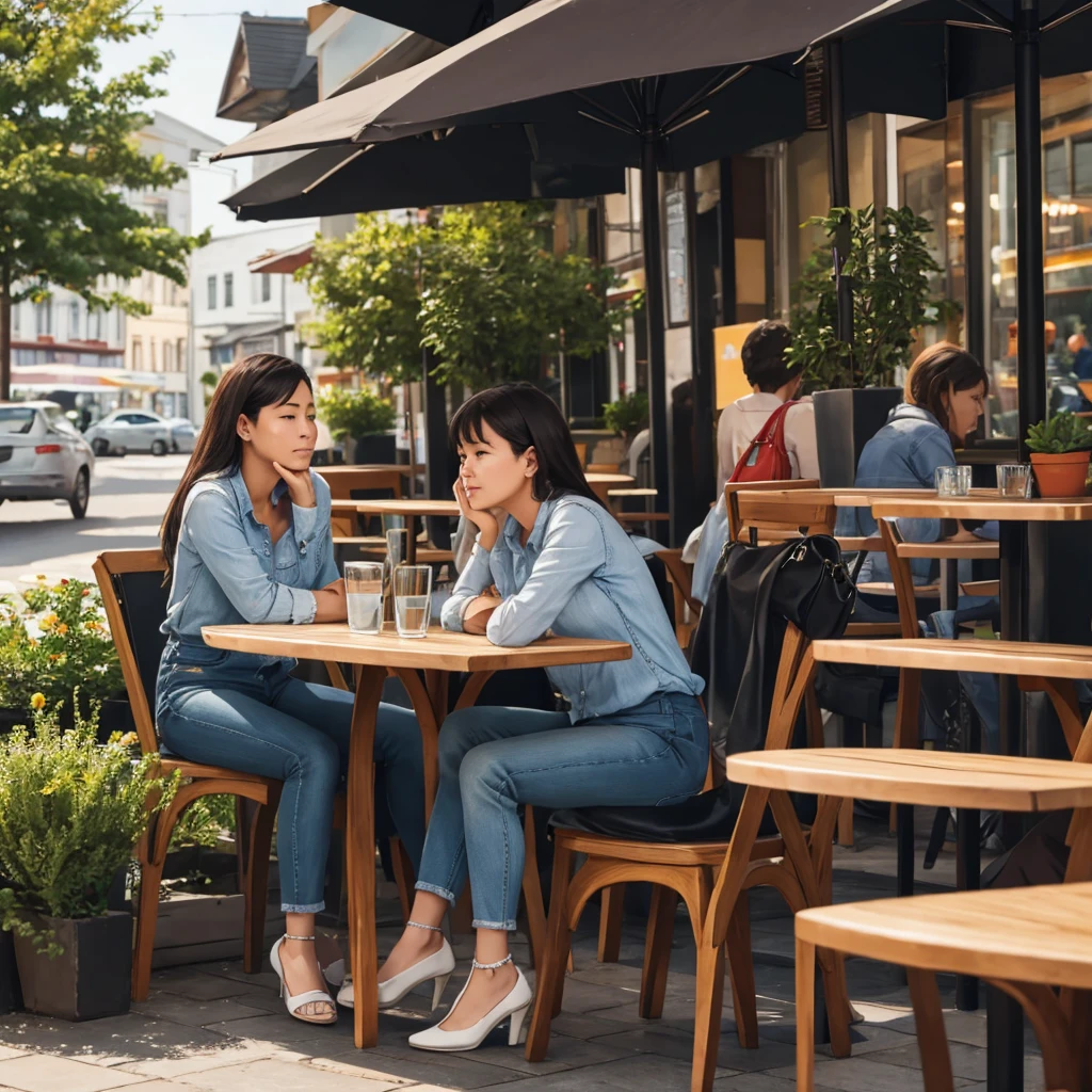 Woman with a bitter face sitting in an outdoor cafe 