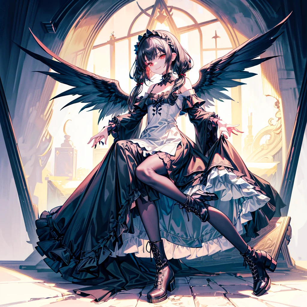 [(church background:1.4)::5],Original,(Illustration:1.1),(Best Quality),(masutepiece:1.1),(the Extremely Detailed CG Unity 8K Wallpapers:1.1), (Colorful:0.9),(mid-shot:0.95),(Full body:1.5),Dynamic Angle,(Solo:1.2), (girl),((Adult)), (Detailed beautiful eyes:1.15), (Beautiful face:1.15), (Glowing red eyes:1.25////),((dark blue long hair)),(Blunt bangs),(low twintails),(+perfect hand+:1.21),(Draw an illustration of a gothic girl),(Religious),(slender),(she has boots on her feet),((Wearing a black dress)),(Furious), Lace Off Shoulder Lolita Fashion,Beautiful slender woman,((Evil smile)),Dark blue short hair,Dark blue short hair,Laugh,evil smile,mini skirt,short hair,