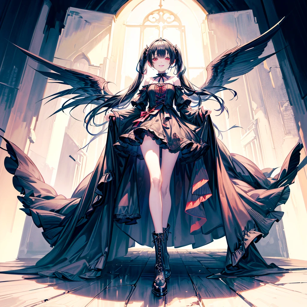 [(church background:1.4)::5],Original,(Illustration:1.1),(Best Quality),(masutepiece:1.1),(the Extremely Detailed CG Unity 8K Wallpapers:1.1), (Colorful:0.9),(mid-shot:0.95),(Full body:1.5),Dynamic Angle,(Solo:1.2), (girl),((Adult)), (Detailed beautiful eyes:1.15), (Beautiful face:1.15), (Glowing red eyes:1.25////),((dark blue long hair)),(Blunt bangs),(low twintails),(+perfect hand+:1.21),(Draw an illustration of a gothic girl),(Religious),(slender),(she has boots on her feet),((Wearing a black dress)),(Furious), Lace Off Shoulder Lolita Fashion,Beautiful slender woman,((Evil smile)),Dark blue short hair,Dark blue short hair,Laugh,evil smile,mini skirt,short hair,