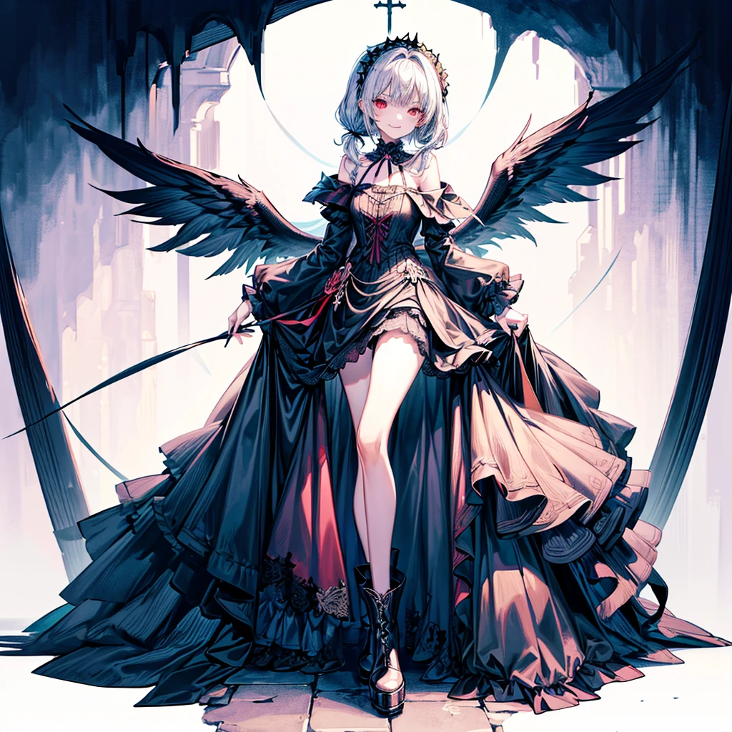 [(church background:1.4)::5],Original,(Illustration:1.1),(Best Quality),(masutepiece:1.1),(the Extremely Detailed CG Unity 8K Wallpapers:1.1), (Colorful:0.9),(mid-shot:0.95),(Full body:1.5),Dynamic Angle,(Solo:1.2), (girl),((Adult)), (Detailed beautiful eyes:1.15), (Beautiful face:1.15), (Glowing red eyes:1.25////),((dark blue long hair)),(Blunt bangs),(low twintails),(+perfect hand+:1.21),(Draw an illustration of a gothic girl),(Religious),(slender),(she has boots on her feet),((Wearing a black dress)),(Furious), Lace Off Shoulder Lolita Fashion,Beautiful slender woman,((Evil smile)),Dark blue short hair,Dark blue short hair,Laugh,evil smile,mini skirt,short hair,