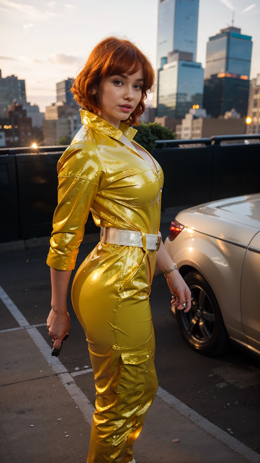 (masterpiece), (best quality), (solo character), (large breasts), (photorealistic:1.4), (chr1sh3n wearing white belt), (apriloneil costume, jumpsuit), (yellow latex jumpsuit), (apriloneil hairstyle), (apriloneil white belt), (apriloneil boots), (aprilonei wearing watch), (epiCRealLife), (lora:epiCFlashPhoto), (red hair), (red lipstick), (brown eyes), (young woman), (flashphoto), (at night), (new york city view), (garden rooftop), (outdoor), (standing), ( at TMNT movie premier)