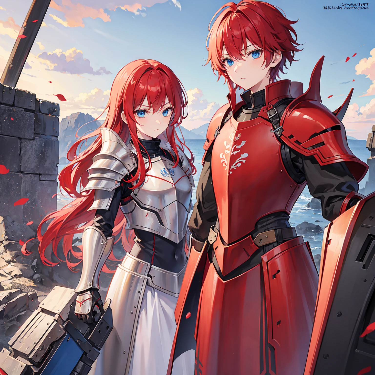 1 knight, Red hair, blue colored eyes, red knight armor, heavy armor, posture would be, 15year old, natta, closed sky, chest armor, focus from the waist up, avoid hands in the image.