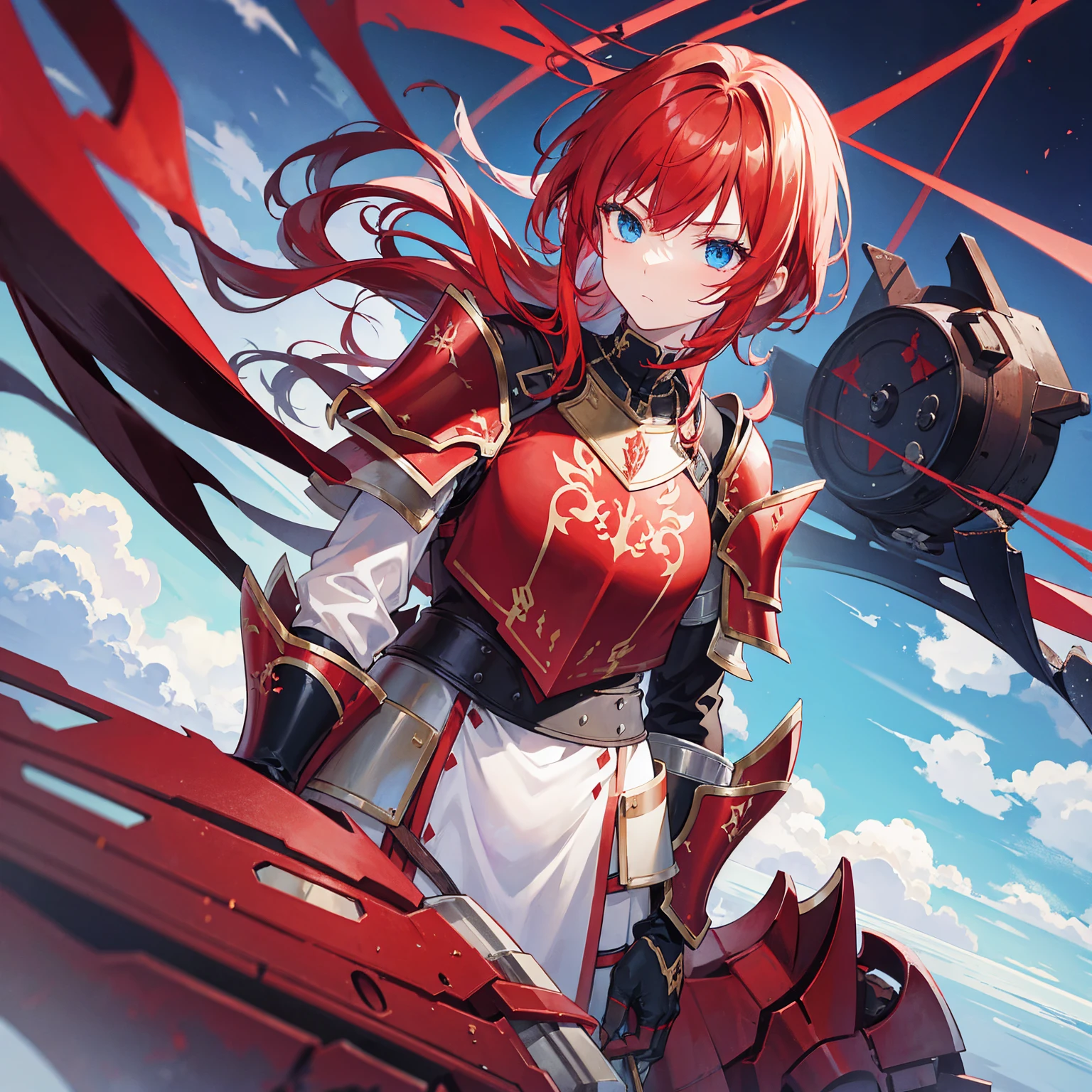 1 knight, Red hair, blue colored eyes, red knight armor, heavy armor, posture would be, 15year old, natta, closed sky, chest armor, focus from the waist up, avoid hands in the image.