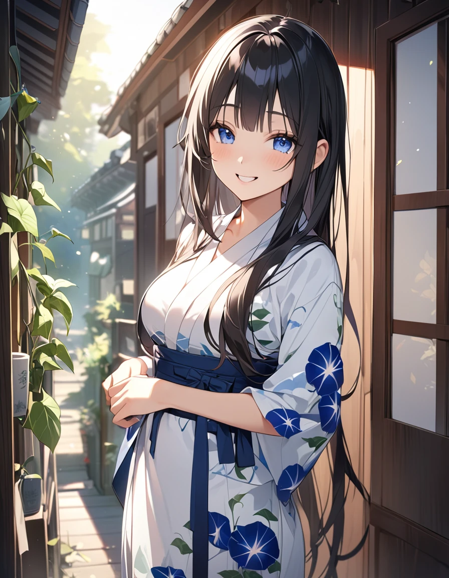 (Highest qualityのイラスト:1.2), (Black Hairの美少女:1.1), (1 girl、17 years old、Highest qualityのイラスト:1.2), (1 girl、Kind eyes、blue eyes:1.2)、((Black Hair:1.2))、Semi-long hair、(Highest quality、Very detailed、cute、Ultra-high resolution) 、Larger breasts、Yukata、smile、Old street corner in Japan、morning、morning glory