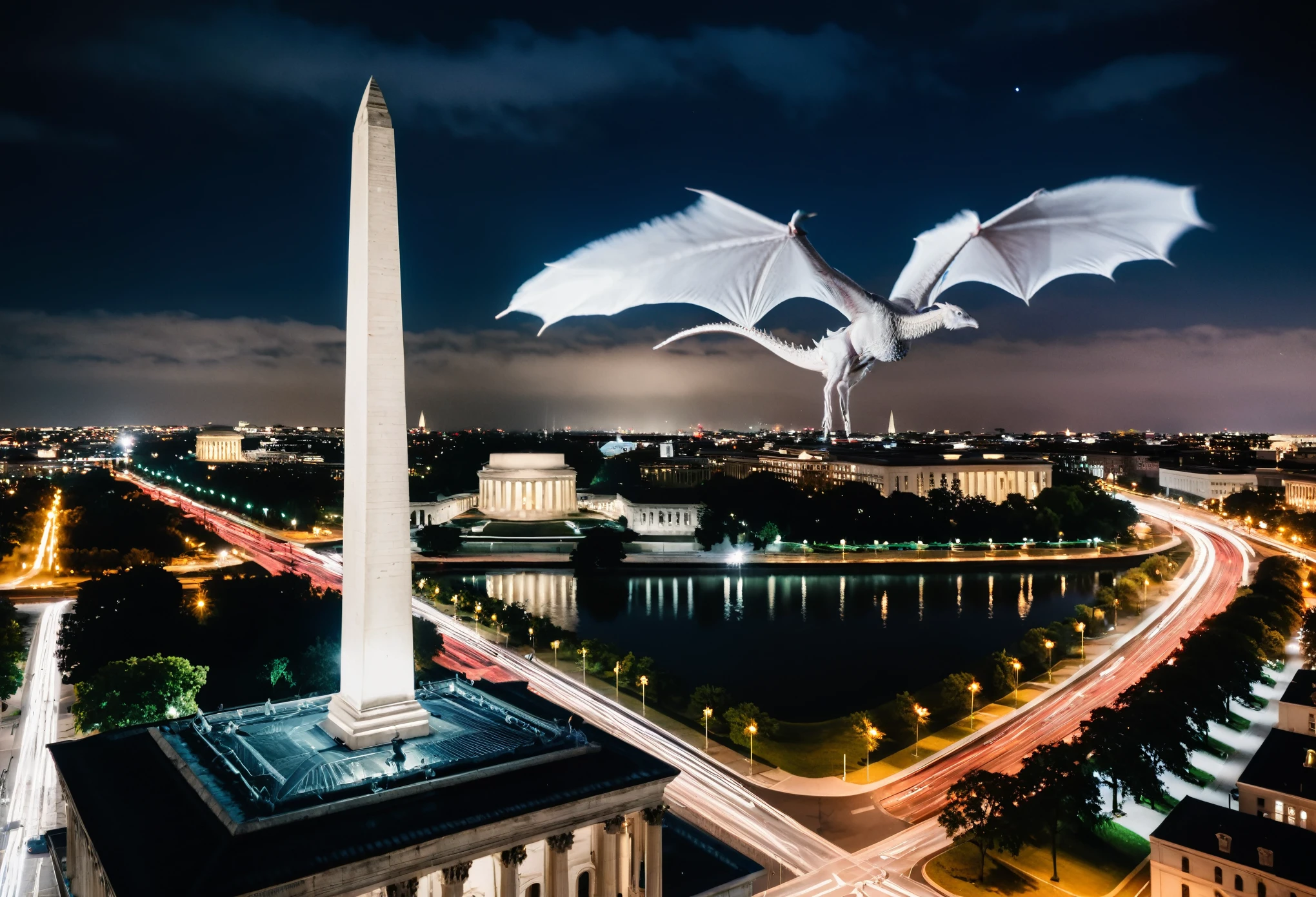 masterpiece, high quality, intricate details, cinematic photo a ([red|blue|white-dragon]) flying over [washington-dc], buildings streets trees gloomy (nighttime) (high-shot) long-neck large-wings feathers 35mm photograph, film, bokeh, professional, 4k, highly detailed, highly detailed high saturation