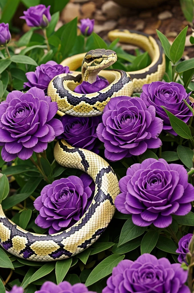 Snake surrounded by purple and gold flowers 