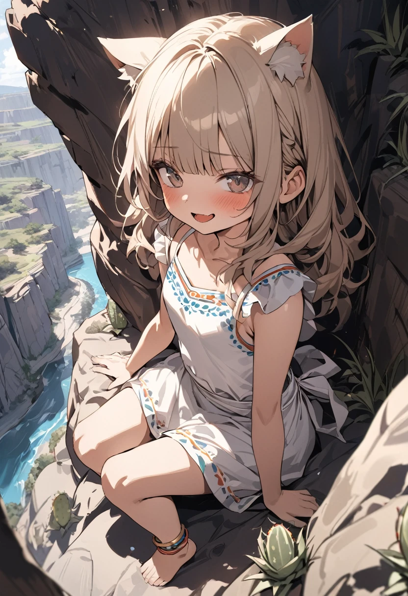 ((Masterpiece)), ((best quality)), (Anime:1.3), (super detail:1.2), (High Definition:1.3), (Professional Photography:1.3), (wide shot), (very aesthetic:1.2), (absurdres:1.2), (sharp focus), (perfect light), ((12 years old)), Textured skin, cinematic lighting, from above, Textured skin, Cute teenage young Girl, small breast, open mouth, ((trival anklets)), loose blunt bangs, (messy medium hair), blush and smug, cute makeup, ((wearing Mexican Folk dress)), bare foot, (Healthy body), slender body, (put on cat ears), pale brown hair, BREAK, ((best quality)), (very aesthetic:1.2), (absurdres:1.2), ((summer day)), loose sitting on the cliff tip, (Landscape below the wilderness with cacti),