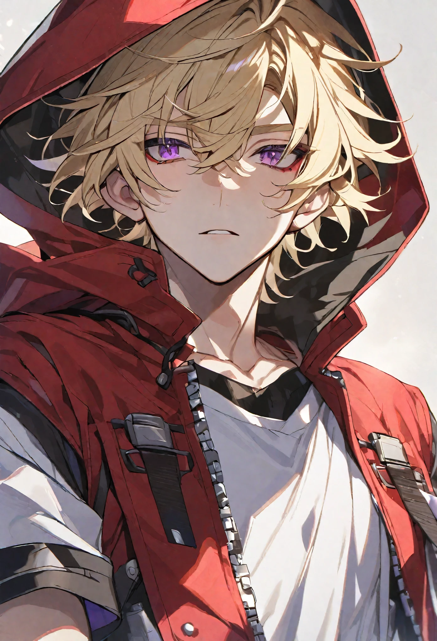 Solo, 1 male, short blonde hair, violet eyes, white shirt, red and white hood