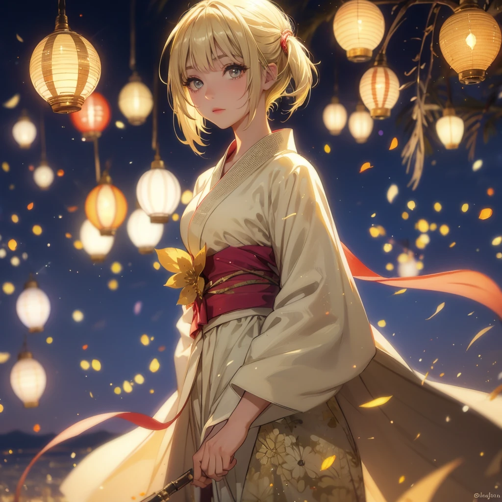 Layla , kimono night in firework , blonde hair, pigtailed haired , yellowish eyes , short hair