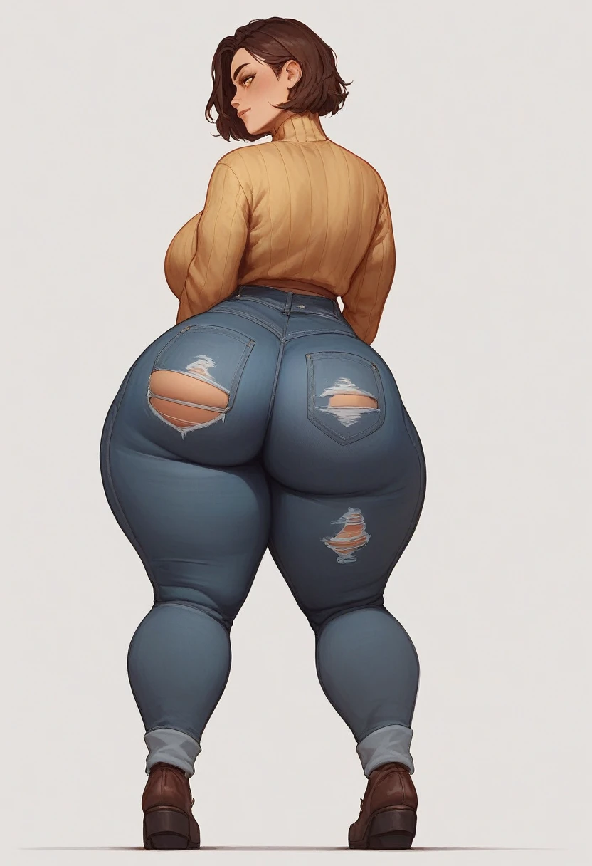 an adult woman, gordibuena, some wrinkles on the face, medium brown hair, yellow eyes, big breasts, wide waist, with markets, fat butt, thick thighs, low height, a wide beige sweater, jeans ripped butt pants, Semen, full body view, front body view, White background 