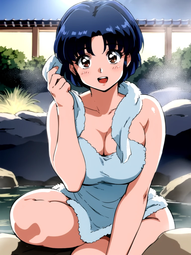 HDR, CG, sharp focus, (8k), (4k), masterpiece, best quality, detailed skin, extremely detailed, hiper detailed, sharp focus, looking at viewer, high quality, AKANE, Akane tendou, short hair, blue hair, brown eyes , tetas grandes, bLush, solo, 1girl, sit on rock, hands on chest, smile,  open mouth, hot springs background, night time, towel, bathing, 