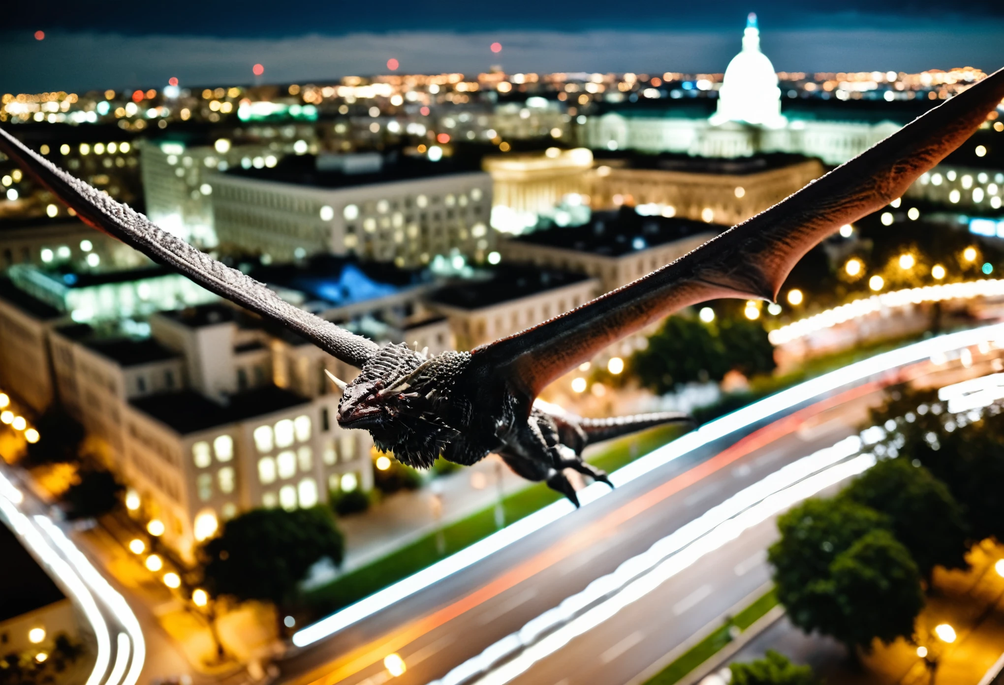 masterpiece, high quality, intricate details, cinematic photo a ([red|blue|white-dragon]) flying over [washington-dc], buildings streets trees gloomy (nighttime) (high-shot) long-neck large-wings motion blur . 35mm photograph, film, bokeh, professional, 4k, highly detailed, highly detailed high saturation