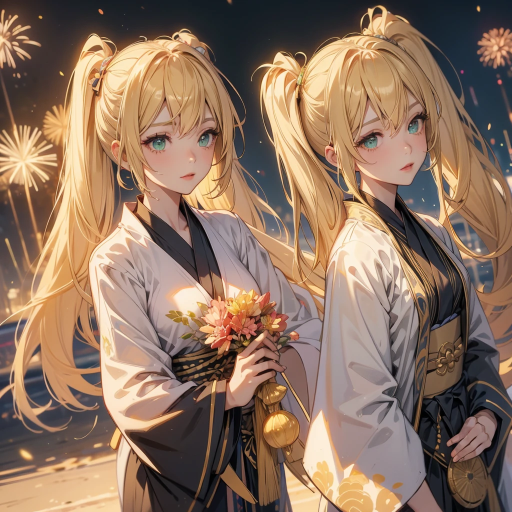 Layla , kimono night in firework , blonde hair, pigtailed haired , long hair , green eyes