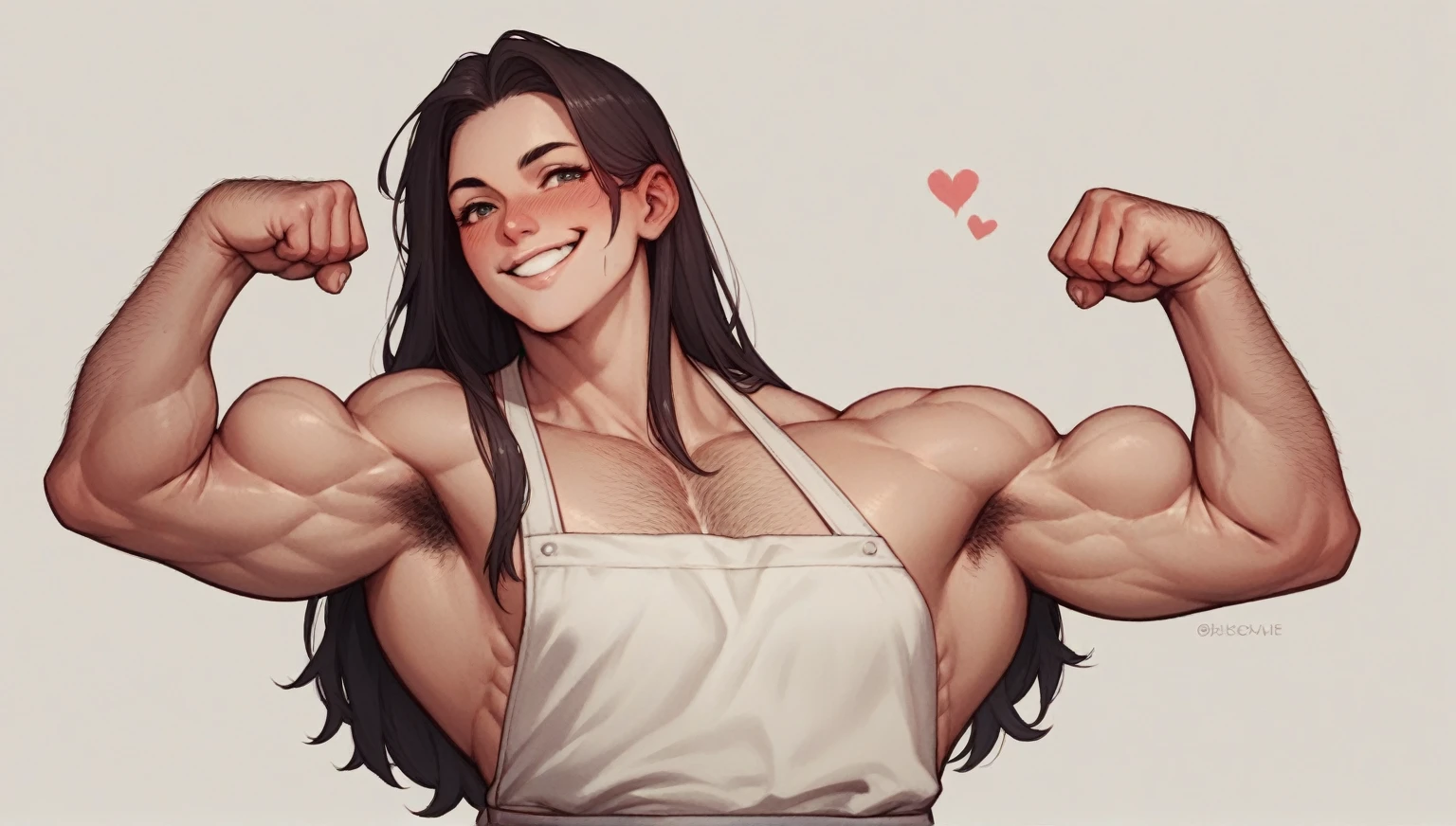cute woman, skinny, muscular, feminine face, long hair, very detailed, smile, proud, blushing, flexing biceps, tight apron, pec cleveage, hairy arms