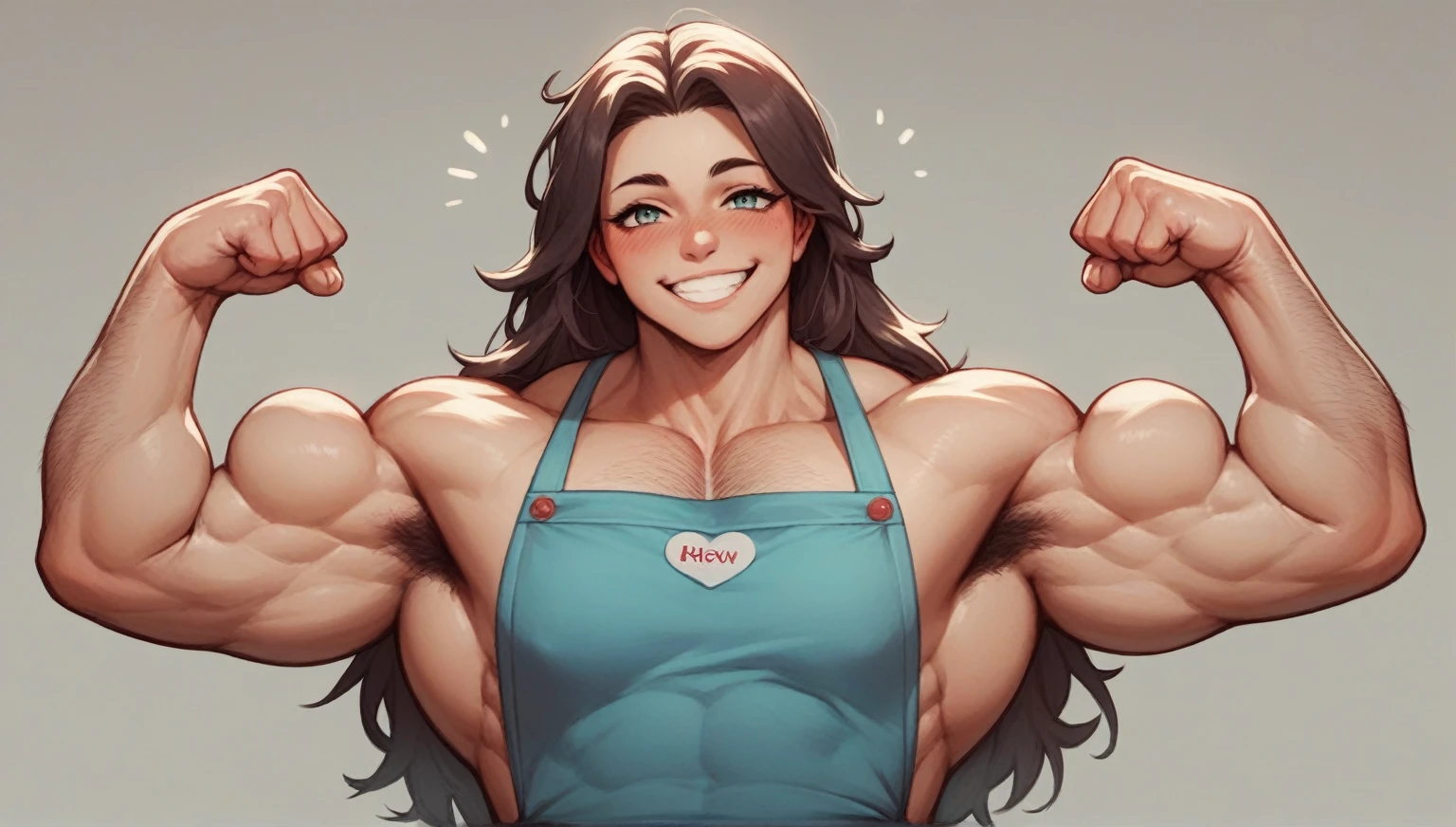 cute woman, skinny, muscular, feminine face, long hair, very detailed, smile, proud, blushing, flexing biceps, tight ?????, pec cleveage, hairy arms