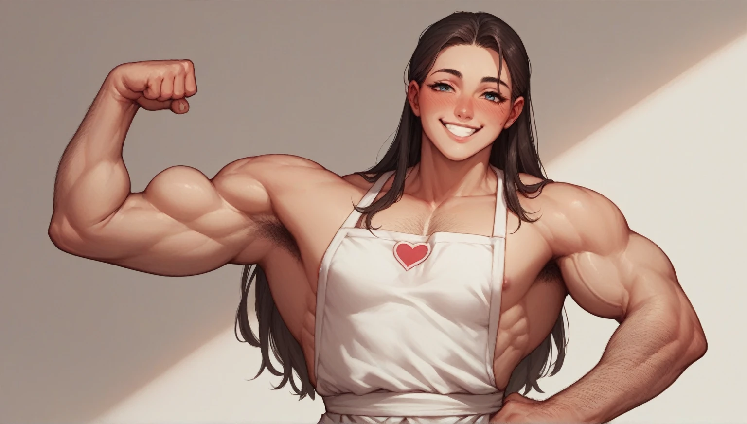 cute woman, skinny, muscular, feminine face, long hair, very detailed, smile, proud,  blushing, flexing biceps, tight apron, pec cleveage, hairy arms